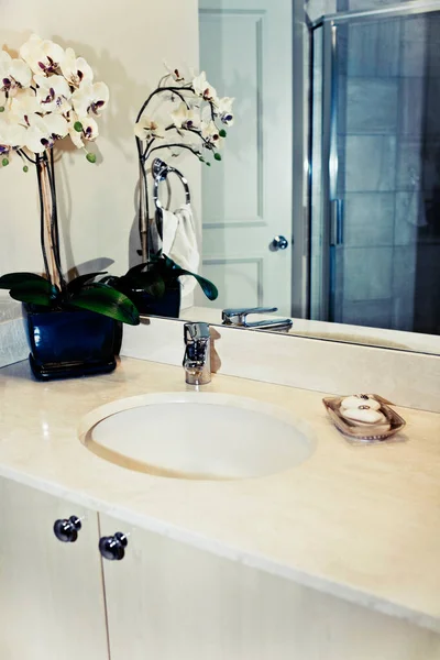 Krásný Luxusní Koupelna Interiér Umyvadlem Květinami — Stock fotografie