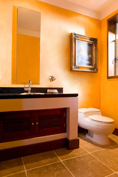 鏡と木製の床と美しい豪華なバスルームのインテリア — ストック写真