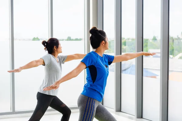Dos Mujeres Asiáticas Deportistas Atractivas Practicando Clases Yoga Juntas Ejercitándose — Foto de Stock