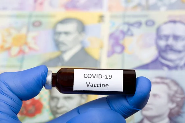 Vacina Contra Covid Contexto Dinheiro Romeno Leu — Fotografia de Stock