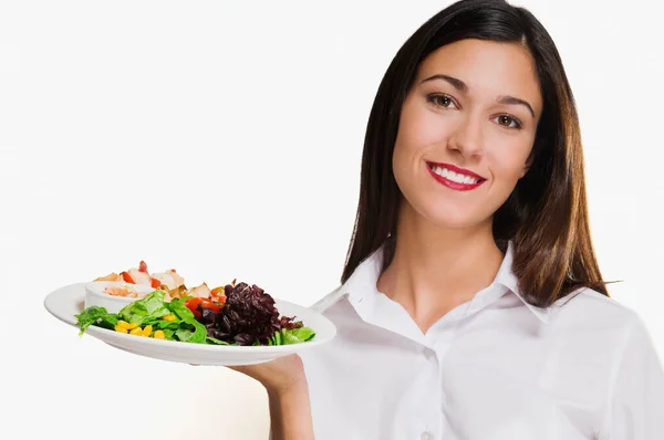 Beautiful Young Woman Salad Vegetables White Background — Stock Photo, Image