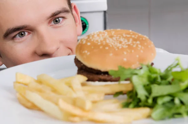 Primer Plano Una Hamburguesa Con Una Hamburguesa Una Gran Hamburguesa — Foto de Stock