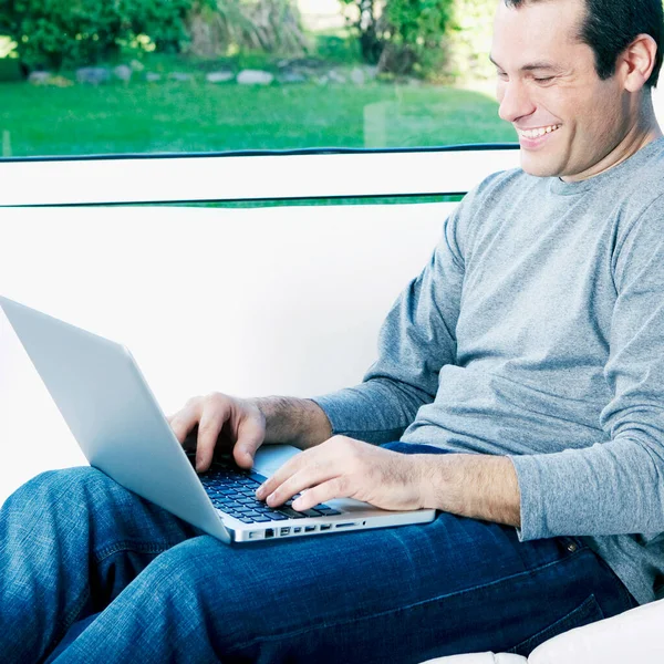 Young Man Laptop Notebook Sofa — Stock Photo, Image