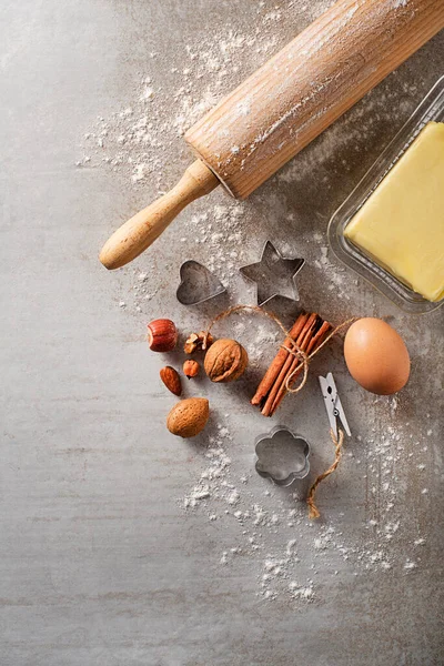 Ingredientes Para Assar Biscoitos Com Farinha Ovo Nozes Manteiga Rolo — Fotografia de Stock