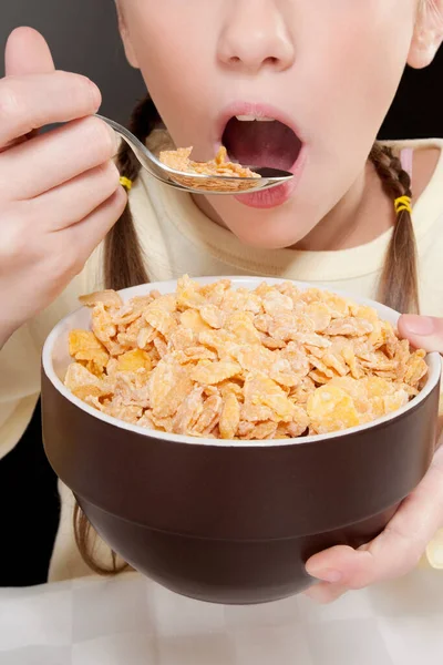 Woman Eating Cereal Spoon Bowl Corn Flakes — Stock Photo, Image