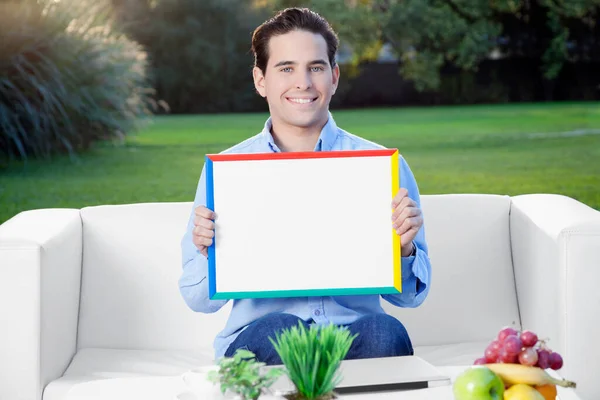 Young Man Blank Billboard Table — Stock Photo, Image