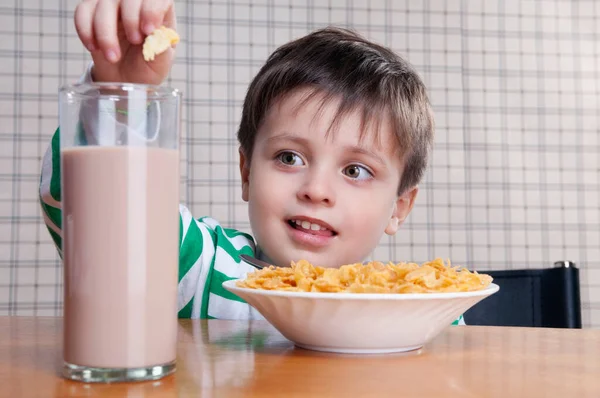 Little Boy Eating Porridge Milk — Stock Photo, Image
