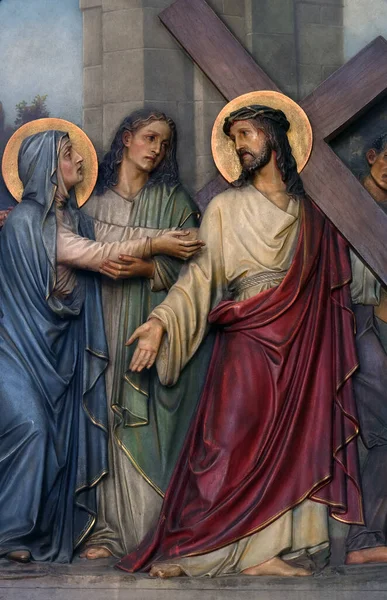 4Th Stations Cross Jesus Meets His Mother Basilica Sacred Heart — Stock Photo, Image