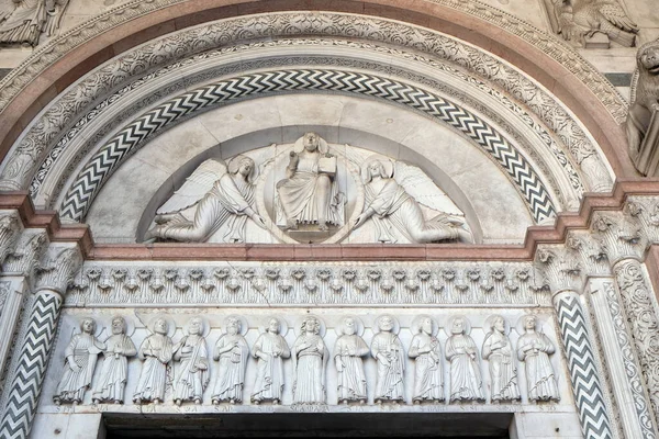 Central Portal Cathedral Martin Lucca Lunette Depicts Redeemer Mandorla Held — Stock Photo, Image
