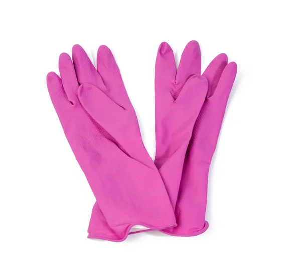 Pair Pink Protective Rubber Gloves Cleaning White Background Top View — Stock Photo, Image