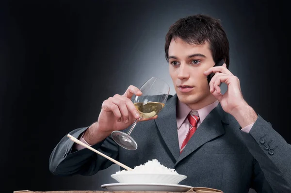 Young Man Glass Wine Cigar — Stock Photo, Image