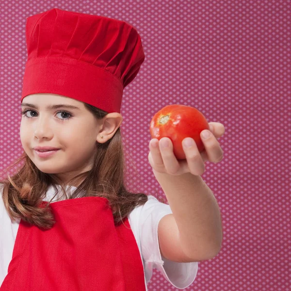Dziewczynka Czerwoną Papryką Pomidorem — Zdjęcie stockowe