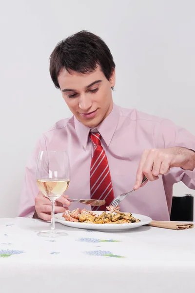 Young Man Eating Glass Red Wine — Stock Photo, Image