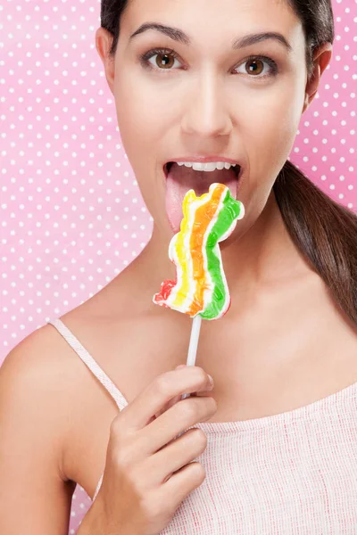 Beautiful Young Woman Lollipop Color Background — Stock Photo, Image