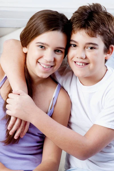 Portrait Happy Family Hugging Bed Home — Stock Photo, Image