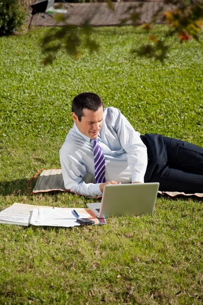 Businessman Sitting Grass Reading Book — Stock Photo, Image