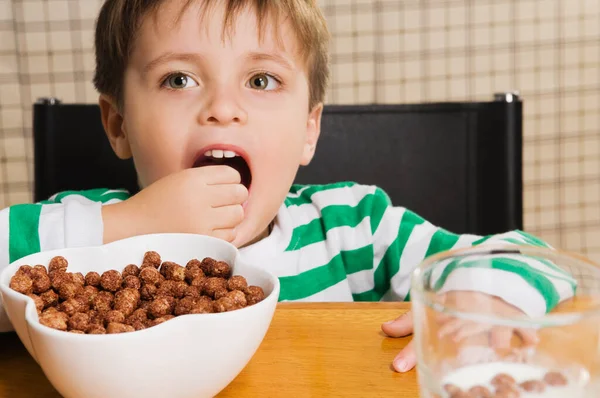 Cute Little Boy Eating Cookies Kitchen — Stock Photo, Image
