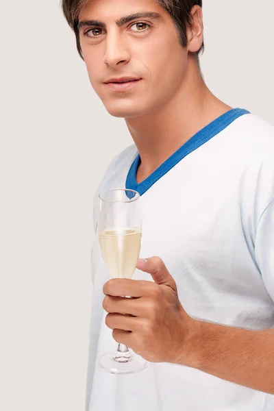 Young Man Glass Water Grey Background — Stock Photo, Image