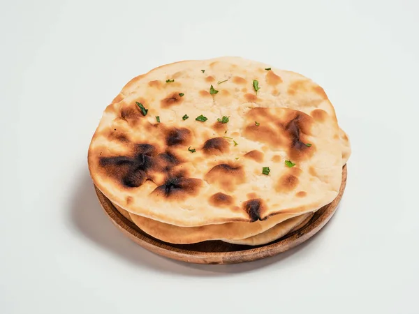 Pane Naan Fresco Piatto Isolato Fondo Bianco Pila Diverse Focacce — Foto Stock