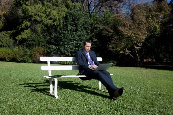 Businessman Sitting Bench Using Laptop — Stock Photo, Image