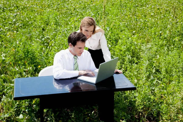 Duas Jovens Mulheres Trabalhando Laptop Parque — Fotografia de Stock