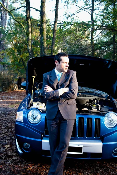 Young Man Suit White Shirt Sitting Road — Stock Photo, Image