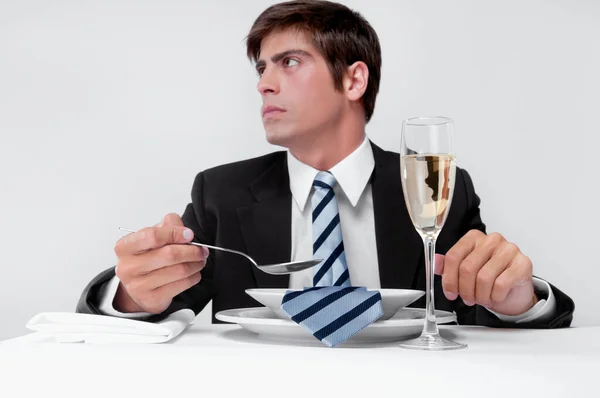 Jeune Homme Avec Verre Vin Une Cravate Rouge — Photo