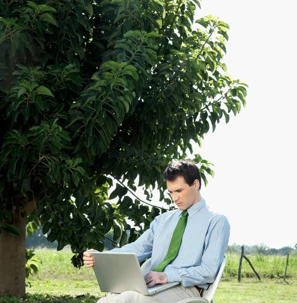 Young Businessman Working Laptop Computer Park — Stock Photo, Image