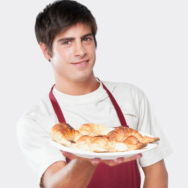 Homem Com Uma Bandeja Pão — Fotografia de Stock