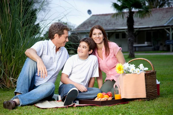 Familia Feliz Con Cesta Picnic Hierba Verde — Foto de Stock