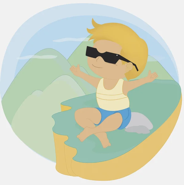 海滩上戴太阳镜和背包的男孩 — 图库照片
