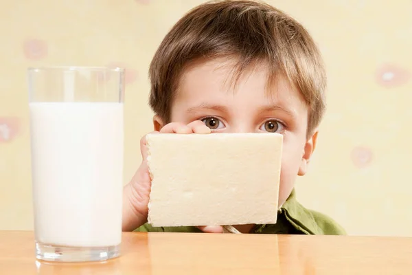 Kleiner Junge Mit Einem Glas Milch Und Einem Krug Eines — Stockfoto