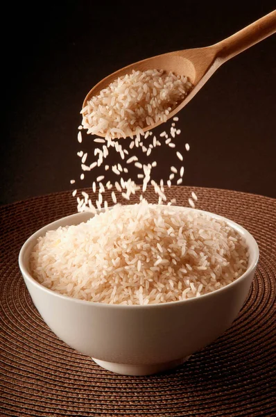 Rice Wooden Spoon Black Background — Stock Photo, Image