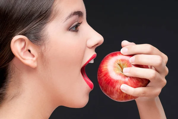 Young Woman Red Apple Her Face Royalty Free Stock Photos