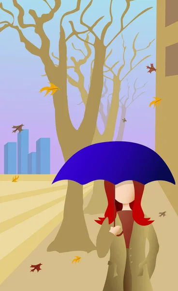 Vector Illustration Girl Suit Umbrella Bag Trees — Stock Photo, Image