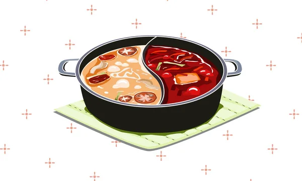 Dua Sup Dalam Satu Panci Hotpot Pedas Pada Latar Belakang — Stok Foto