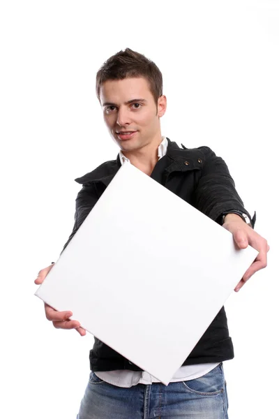 ビジネスの男性と白い背景で隔離された 空の白いカード — ストック写真