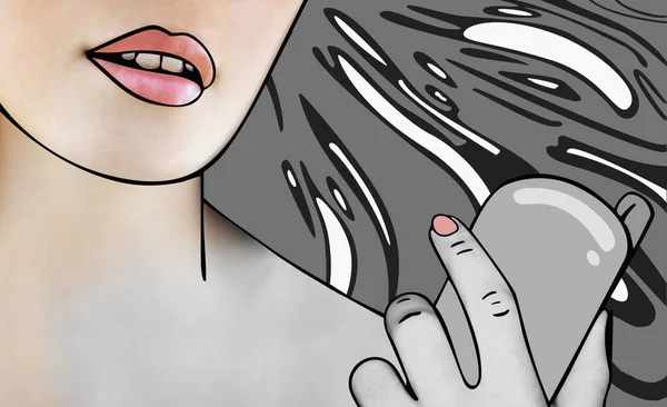 唇に口紅をつけた女性手描きイラスト — ストック写真