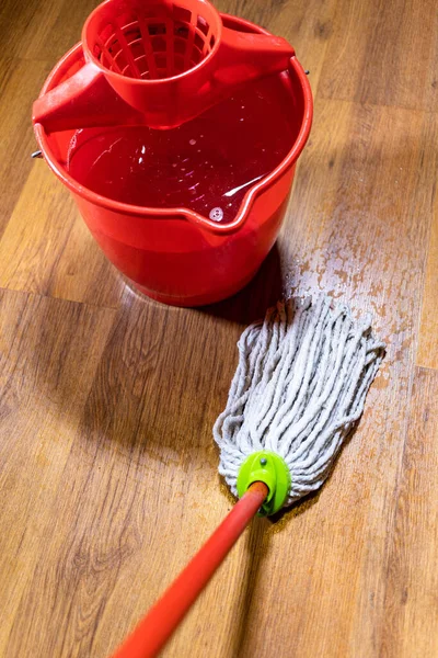 Point View Rope Mop Washes Wooden Laminate Floor Bucket Water — Stock Photo, Image