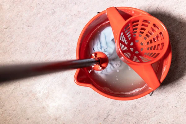 Top View Mop Rinsing Red Bucket Water Home — Stock Photo, Image