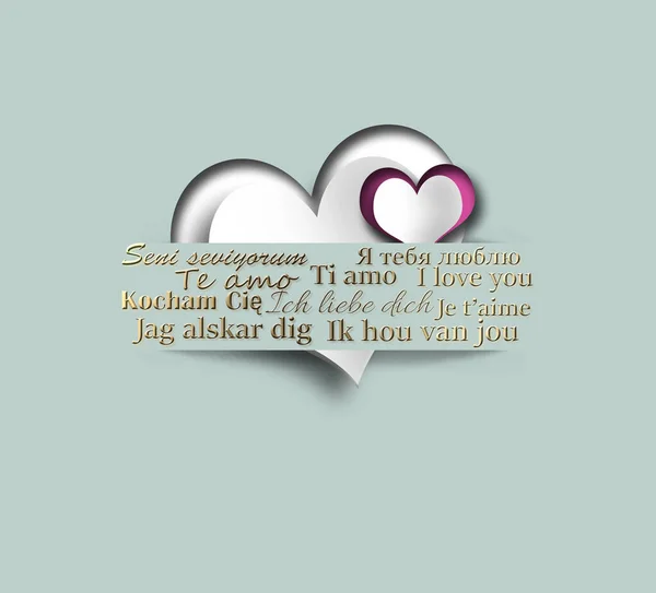 Love You Multiple Languages Hearts Paper Strip Pastel Green Background — Stock Photo, Image