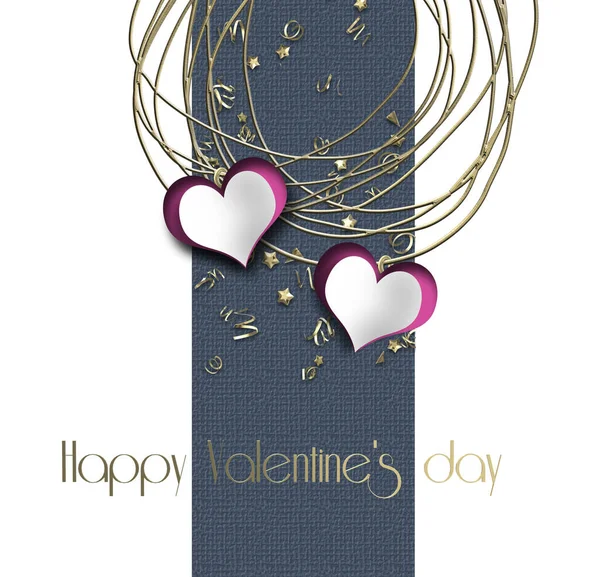 Elegante Cartão Feliz Dia Dos Namorados Moldura Dourada Corações Confete — Fotografia de Stock