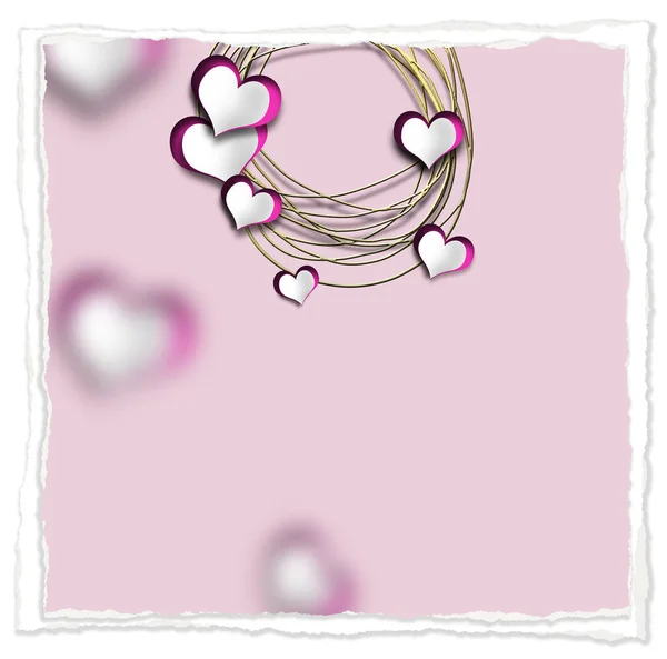 Elegancka Nowoczesna Karta Miłosna Papierowe Serca Różowym Pastelowym Tle Ilustracja — Zdjęcie stockowe