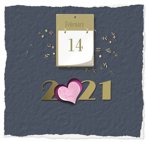 Fevereiro 2021 Cartão Valentine Ouro 2021 Calendário Com Fevereiro Coração — Fotografia de Stock