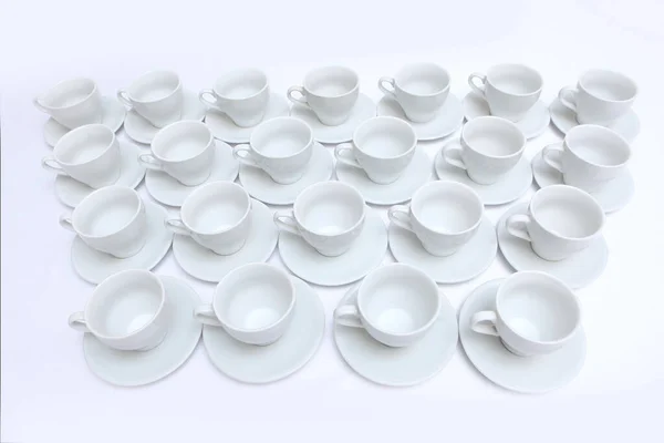 Nagy Mennyiségű Fehér Porcelán Vagy Kerámia Edény Van Asztalon Tea — Stock Fotó