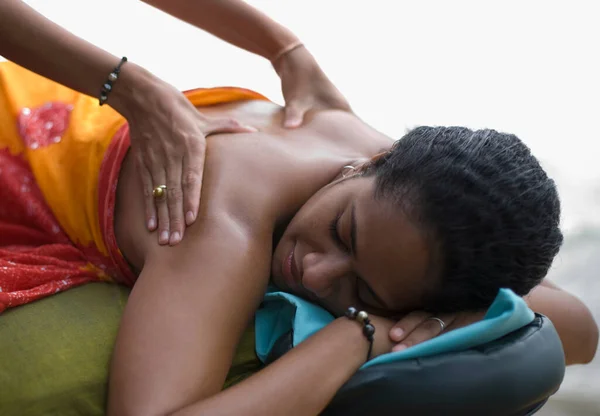 Woman Lying Massage Chair Spa Salon — Stock Photo, Image