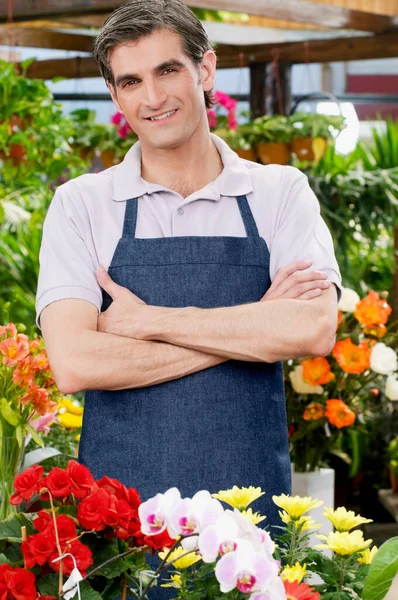 Floristería Masculina Joven Trabajando Invernadero —  Fotos de Stock