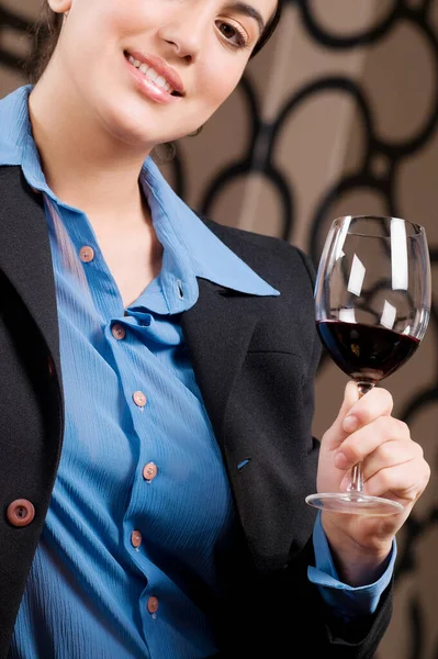 Beautiful Young Woman Glass Red Wine — Stock Photo, Image