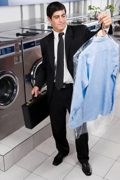 Young Man Suit Laundry — Stock Photo, Image