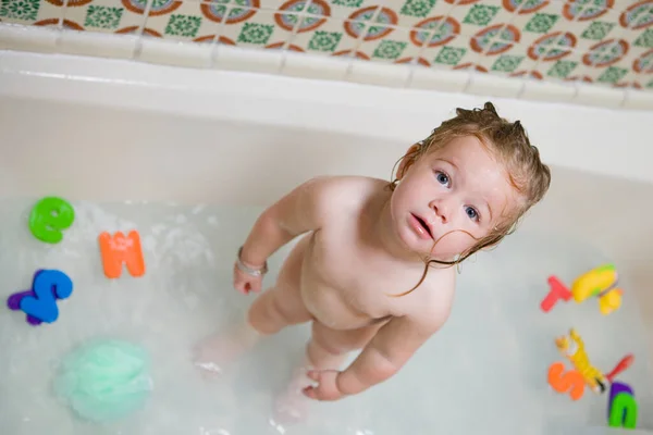 Cute Little Boy Soap Bubbles Bathroom — Stock Photo, Image